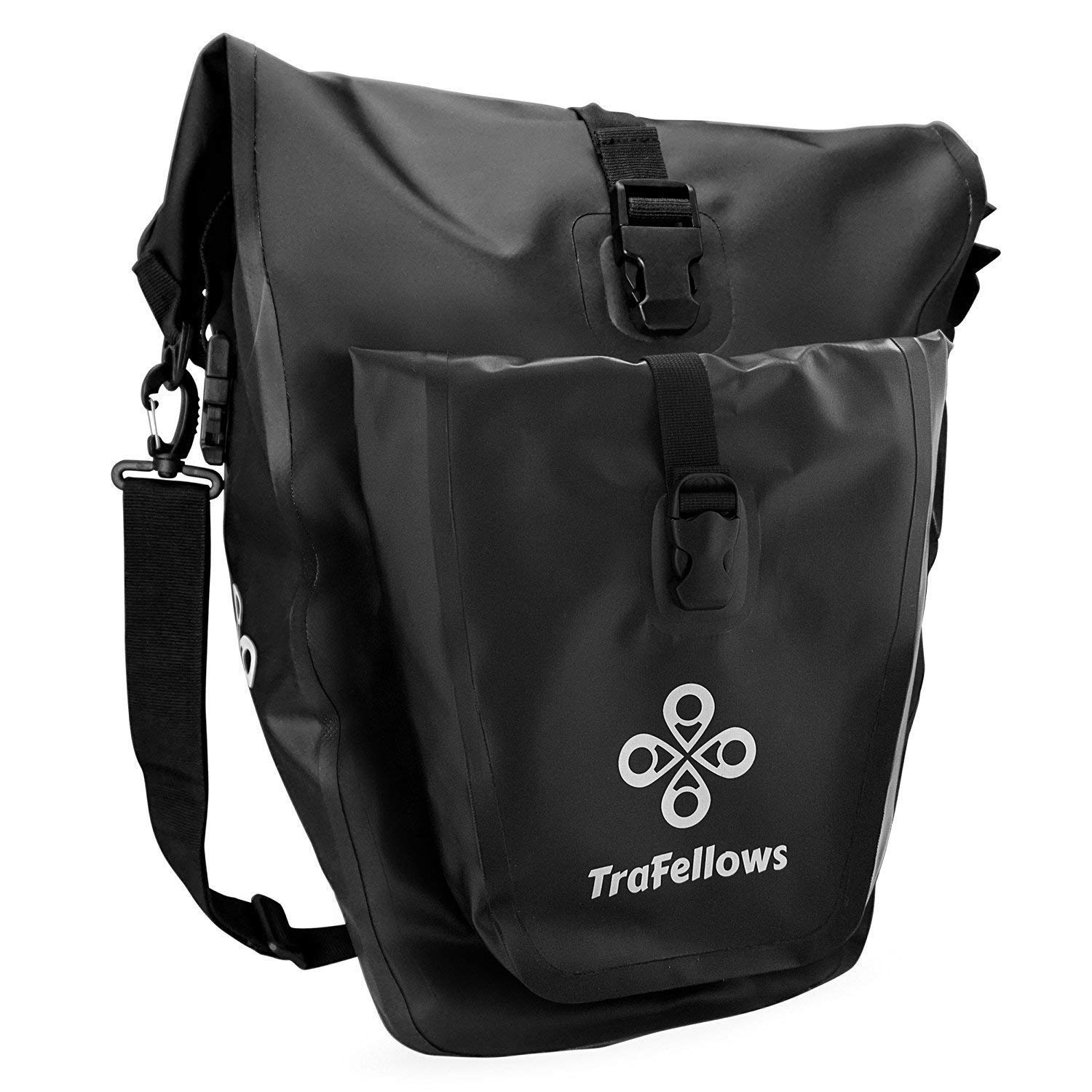 TraFellows Premium Bike Rear Pannier for the luggage rack • Large Bicycle Luggage Carrier Bag with detachable shoulder strap for Men and Women • Waterproof Bike Pannier Rack with reflecting print