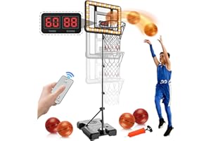 J JINPEI Kids Basketball Hoop Indoor Outdoor,Adjustable Height 2.9ft-5.9ft Toddler Basketball Hoop with LED Light & Scoreboard,Goal Toy for Boys Girls Age 3 4 5 6 7 8 Backyard Sports Game Gifts (Black)
