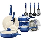 GreenLife 16 Piece Nonstick Cookware Set, Soft Grip Non-Toxic PFAS-Free Ceramic Pots & Pans, Dishwasher & Oven Safe, Frying, Sauce, Saute, Utensils, Glass Lids, Stay-Cool Handles, Wobble Free, Blue