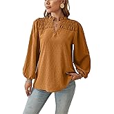 Pantete Womens Fall Tops Smocked Swiss Dot Long Puff Sleeve Blouses V Neck Flowy Shirts for Work Trendy Feminine
