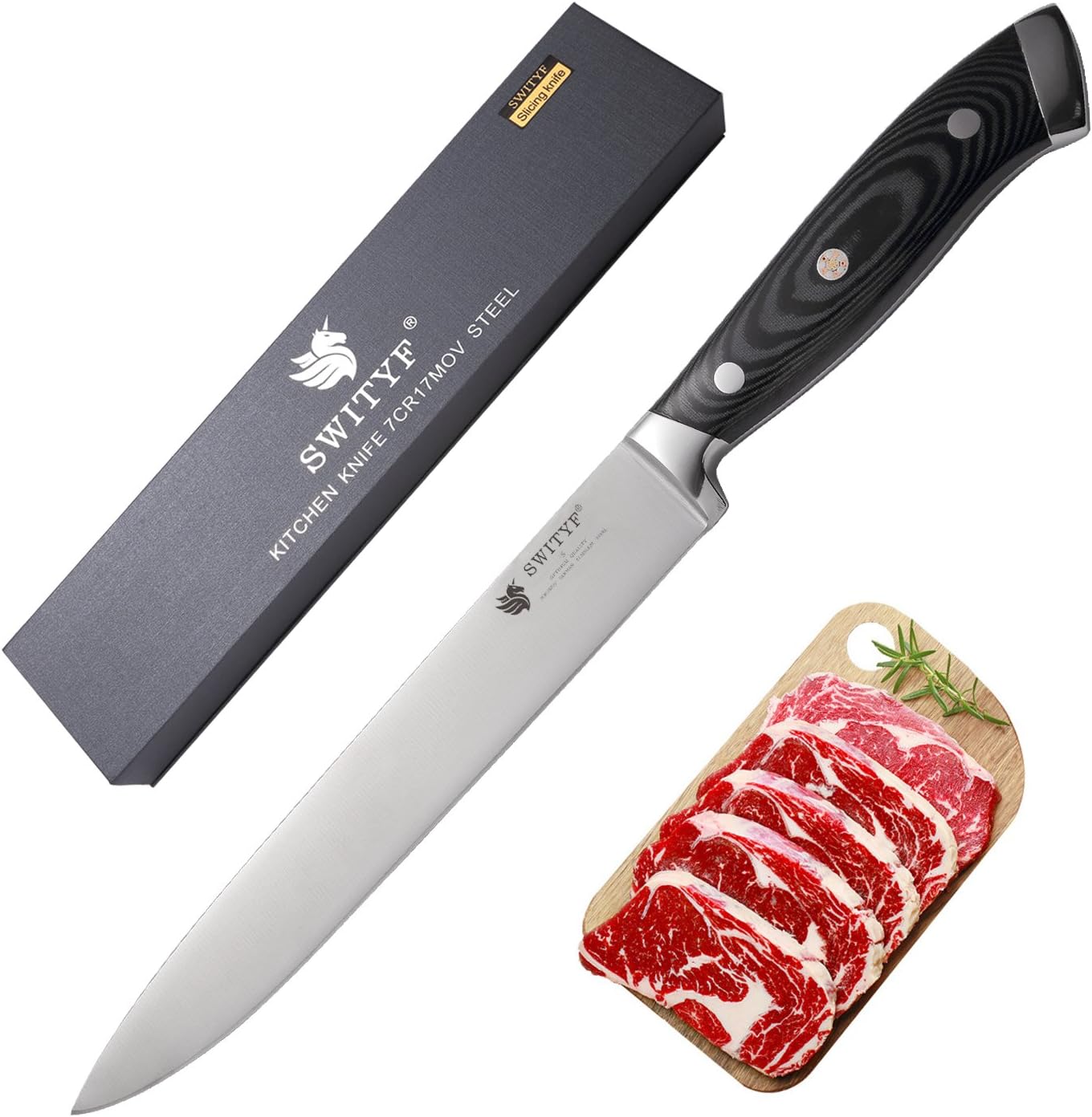 SWITYF Slicing Knife 8"Professional.High Carbon Steel Ergonomic Micarta Handle.