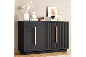 LegacyAmerhome 55" Sideboard Buffet Cabinet, Kitchen Buffet Storage Cabinet, Mid Century Modern Storage Cabinet with 3 Drawers & 2 Doors & Adjustable Shelves, Wood Coffee Bar for Living Room, Black