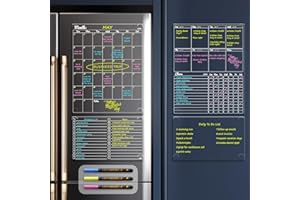 JJPRO Non-Magnetic Dry Erase Calendar - Monthly & Weekly Chart, List & Blank Board for Smooth Surfaces. Clear Reusable Calendar Sticks to Fridge, Cabinet, Door & Glass