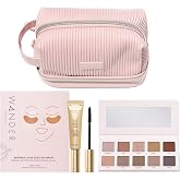 Wander Beauty Jetsetter Essentials Bundle with Makeup Bag, Gold Eye Masks, Mascara Jet Black, Eyeshadow Palette