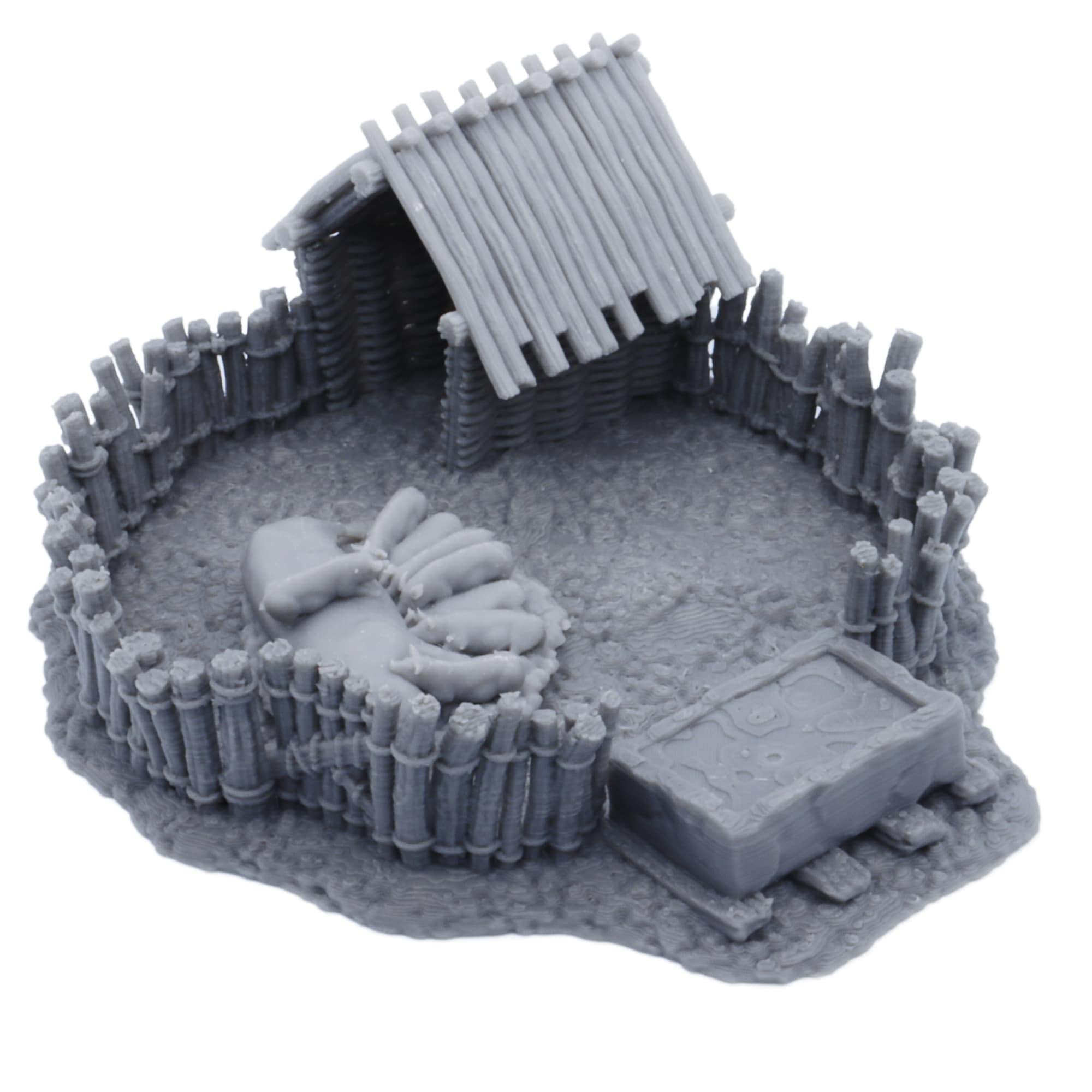Pig Pen with Mother Pig and Piglets – Fantasy Farm Terrain for Tabletop RPGs | 28mm Scale Rural Scenery Prop | 105x120mm Plastic & Resin Model | Printable Scenery Licensed | DnD Wargame Terrain