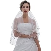 SAMKY 2T 2 Tier Pearls Silver Beaded Bridal Wedding Veil