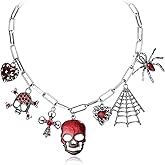 Flyonce Halloween Necklace for Women, Horror Party Gothic Red Heart Skeleton Skull Spider Web Charm Paperclip Link Chain Choker Collar Necklaces Costume Party Jewelry Gifts