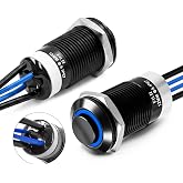FILN 2PCS 8A 12mm Latching Push Button Switch 12V-24V DC IP67 High Head | IP67 Waterproof SPST 1NO 4 Wires Zinc-Aluminum Alloy on off Self-Locking for 0.47" Mounting Hole(Blue,Black Shell)