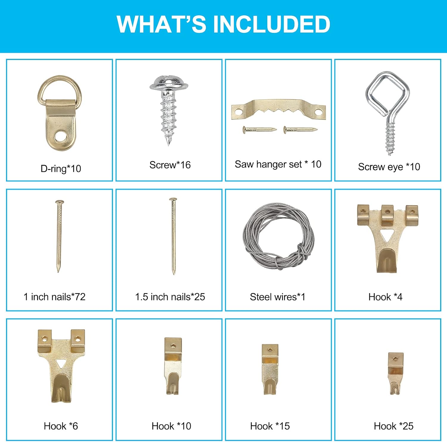 226 PCS Picture Hanging Kit，Picture Hangers Heavy Duty Frame Hooks Hardware with Nails, Hanging Wire, Screw Eyes, D Ring and Sawtooth for Wall Mounting - - 