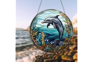 HOTIYOK Dolphins Stained Acrylic Window Hanging Panels Ocean Life Ornaments Home Wall Decoration Suncatcher for Windows Gift for Women Mom Grandma Sea Lover