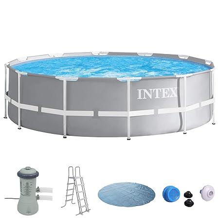 Intex 366x91 Schwimmbecken mit Filterpumpe, Sicherheitsleiter, Solarplane,Anschlussset für Pool Schwimmbad Frame Metal Stahlw