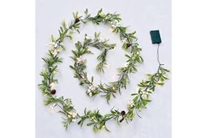 CENMORISE 6ft Snowy Olive Christmas Garland with Pine Berry,Battery Operated Garland with Timer,Pre-lit Garland for Christmas,Party,Indoor, Fireplace, Stairs Railing,Mantle Decor