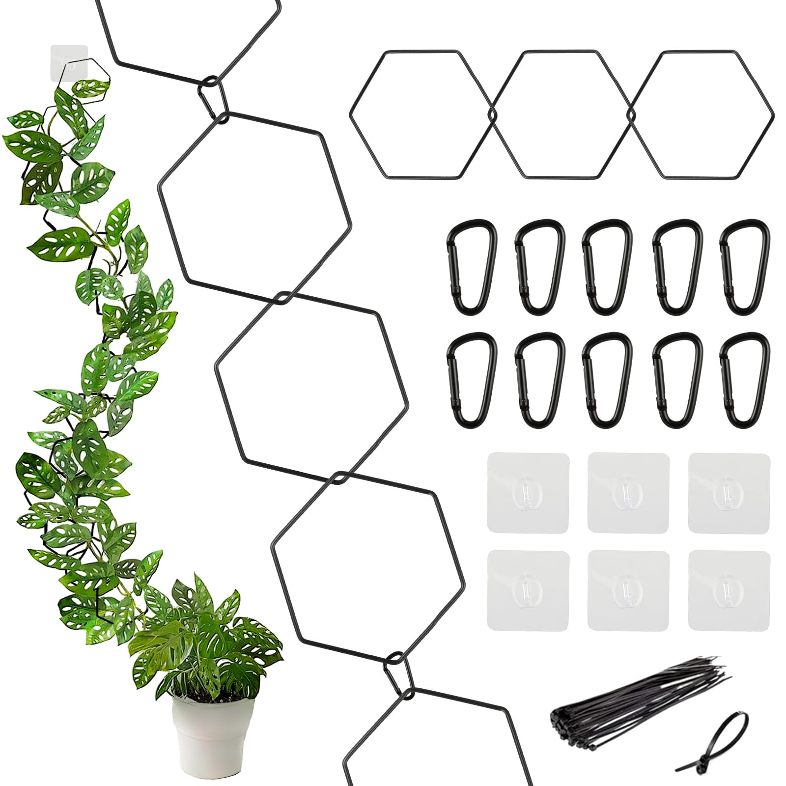 Photo 1 of 15 Ft Chain Trellis for Climbing Plants Indoor, 36 Packs Hexagon DIY Wall Trellis, Pothos Plant Climber Support, DIY Lengths Plant Support Stakes with Connect-Hooks, Ties, Hooks, Black