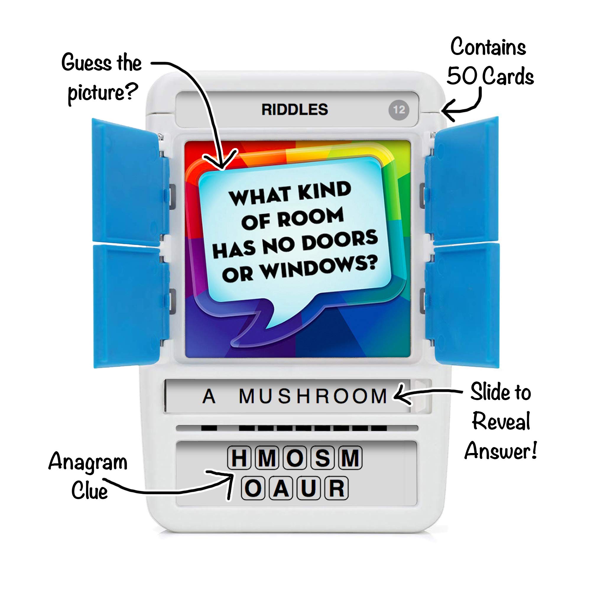 100 PICS Riddles Travel Game - Guess 100 Riddles | Flash Cards with Slide Reveal Case | Card Game, Gift, Stocking Stuffer | Fun for Kids and Adults | Ages 6+