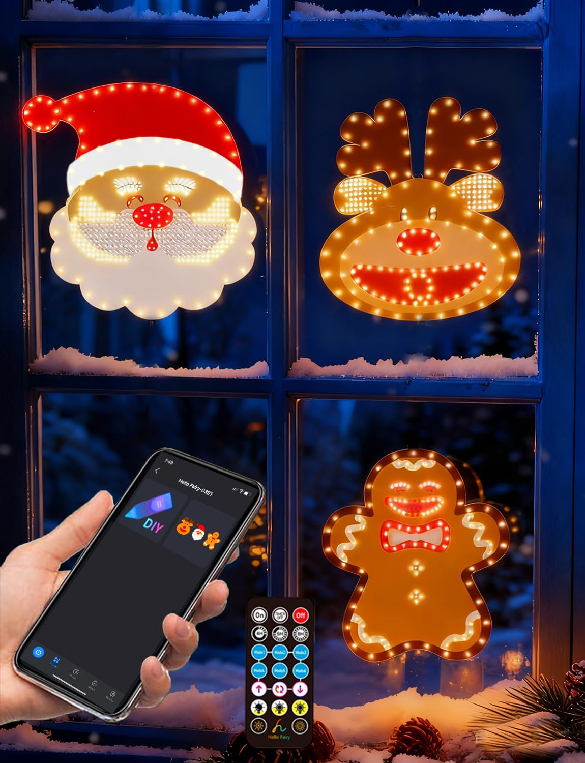 Photo 1 of 3Pack 12in Smart Christmas Window Lights Decorations with Remote/App, Lighted Santa Face, Reindeer, Gingerbread Man, Timer, Music Sync, Dimmer, Holiday Indoor Outdoor Wall Door Glass Decorations