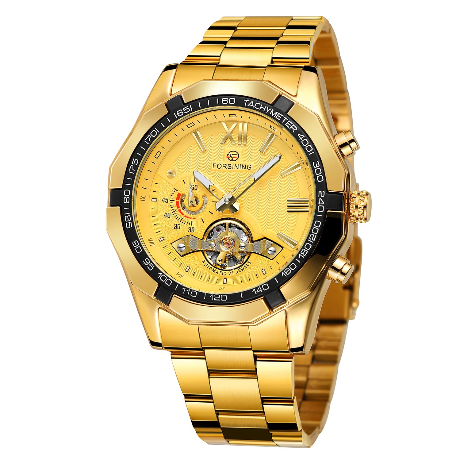 FORSINING Mens Stainless Steel Tachometer Luxury Automatic Winding Roman Numeral Dial Mechanical Gold Mechanical Watch