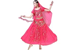 ORIDOOR Women Belly Dance Dress Indian Bollywood Halloween Costume Chiffon Skirts Shiny Belly Dance Suits 5-Piece Outfit