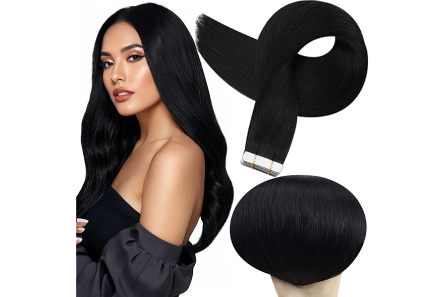 Full Shine Tape in Hair Extensions Human Hair 18Inch Remy Tape ins Human Hair Extensions Color 1 Jet Black Fashion Extension, Seamless Silky Straight Skin Weft 20Pcs 50G Add Length for Wedding