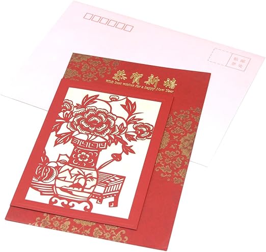 中国春節 年賀カード 切り絵 牡丹 グリーティングカード 文房具 オフィス用品 Amazon