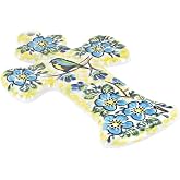 "Blue Rose Polish Pottery - Yellow Bluebird Garden Cross - 7"" x 4.5"" - Hand-Painted Polish Pottery Ceramic Wall Cross"