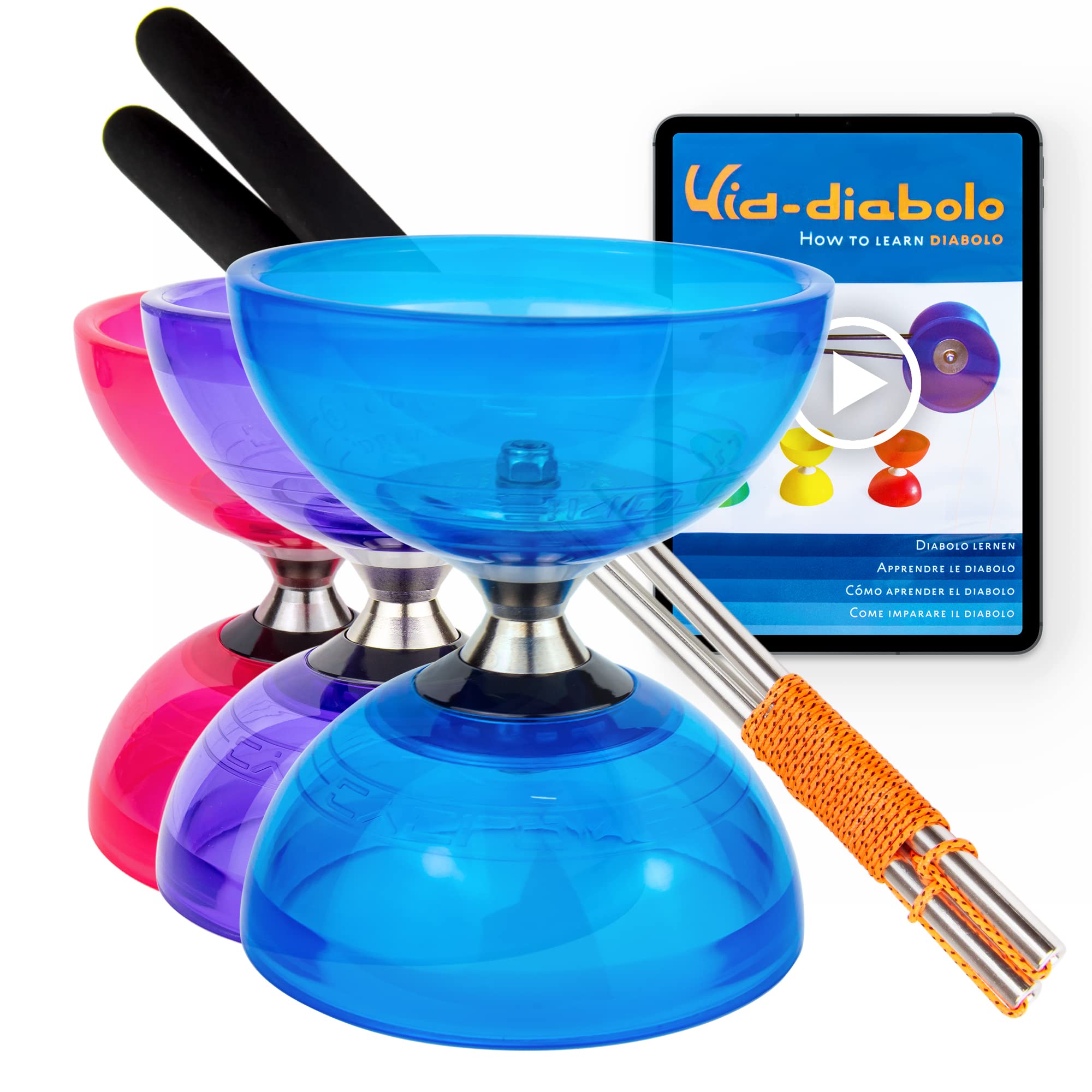 Juggle Dream Cyclone Quartz Diabolo Set - Bearing Axle Professional Diabolo with Aluminium Handsticks and Online Learning Video - Juggling Toy (Clear Blue)