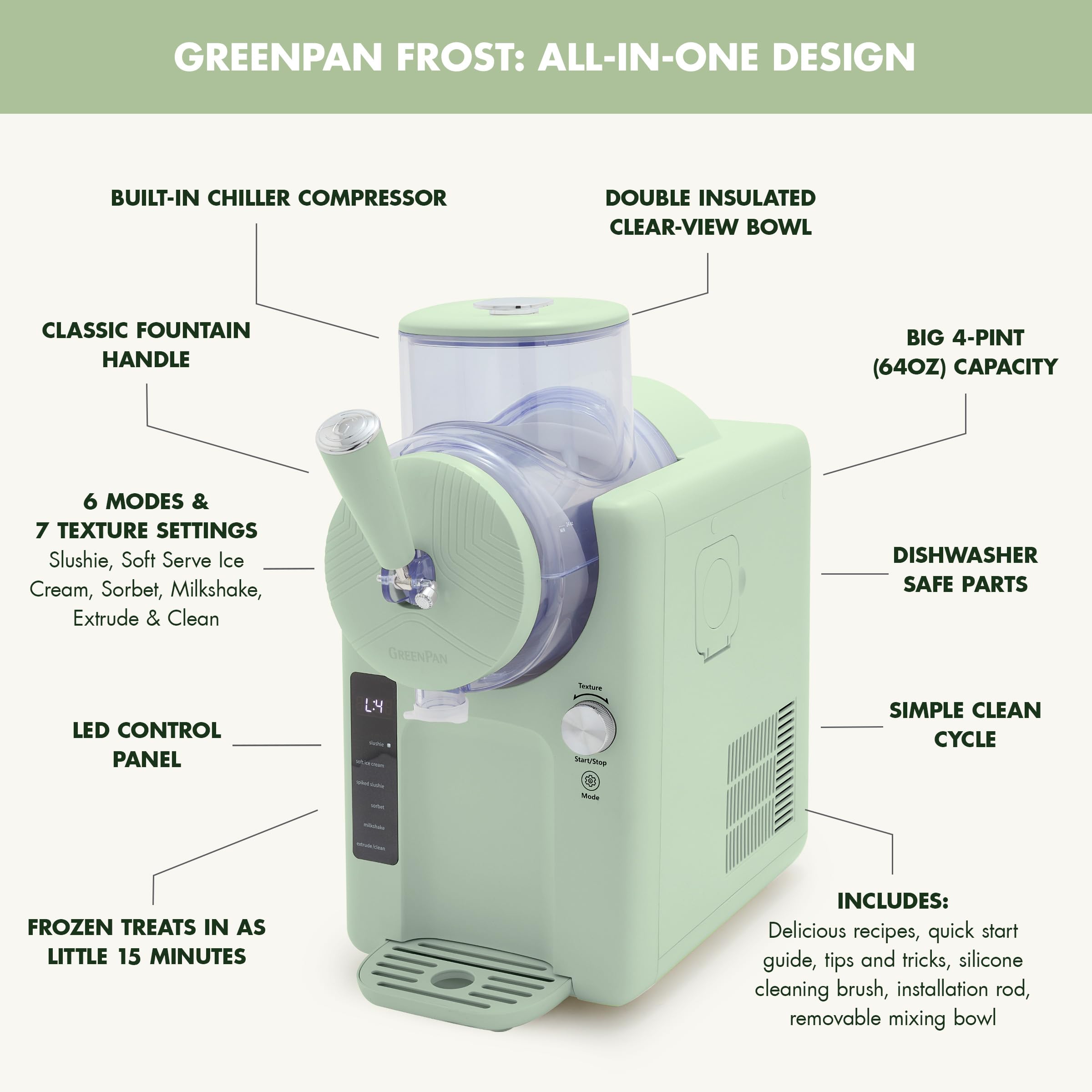 GreenPan Frost Máquina para hacer helados y bebidas congeladas, servicio suave, granizados, sorbetes, batidos y cócteles, no necesita congelador, 7 texturas, silencioso y rápido, fácil de limpiar, tamaño familiar, pistacho salvia