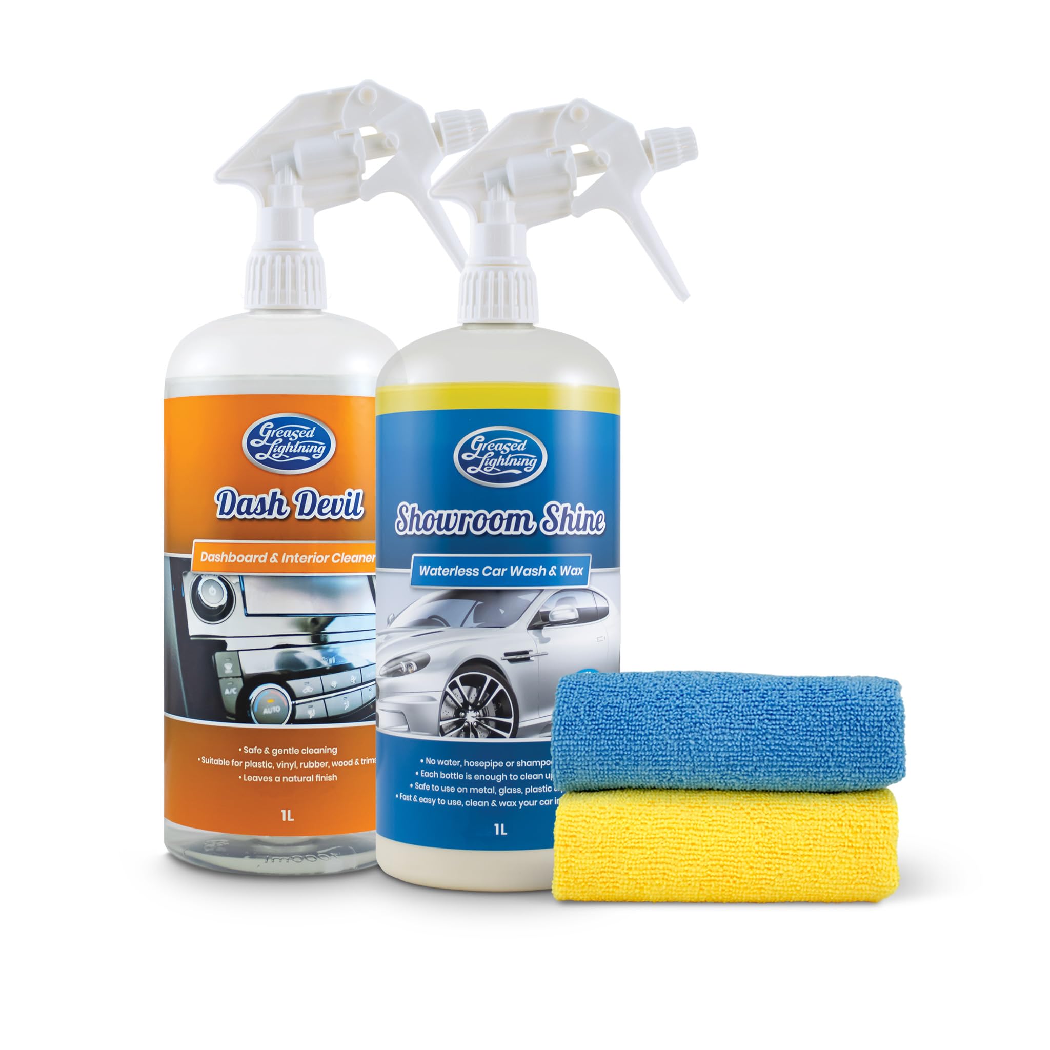 Greased Lightning Bodywork & Interior Twin Pack - Showroom Shine 1 Litre Waterless Wash and Wax and Dash Devil 1 Litre Interior Cleaner Plus 2 Microfibre Cloths Pack