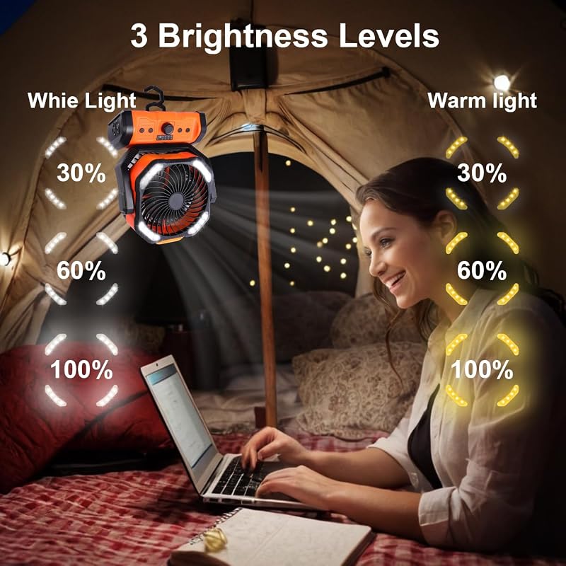 20000mAh Camping Ventilator, Wiederaufladbarer Tischventilator USB Ventilator mit LED Licht & Haken, 270° Drehung mit Fernbedienung, Clip Fan für Outdoor Camping Stromausfall Angeln (Orange)