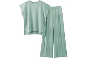 VATEAMI Women Knit 2 Piece Sweater Sets Pullover Tops High Waist Wide Leg Pants Lounge Set