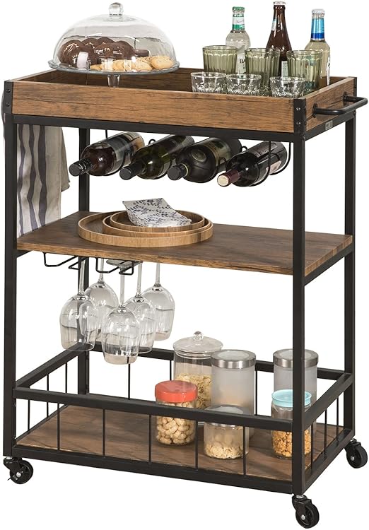 Amazon Com Haotian Fkw56 Modern Design 3 Tiers Kitchen Trolley Serving Trolley With Wine Rack Metal Mdf Brown Bar Serving Carts