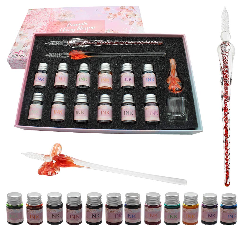 XIAOYU Glass Dip Pen Ink Set, 16 Pieces Calligraphy Pens Set - 12 Colorful Inks, Pen Holder, Cleaning Cup, 2 Crystal Glass Pens for Art, Writing, Drawing, Signature - Orange