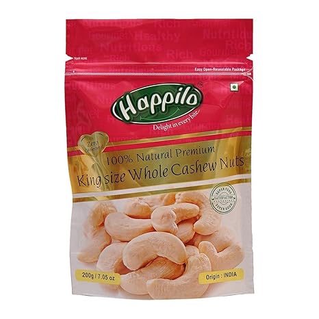Happilo100% Premium King Size Whole Cashewnuts, 200g (Pack of 2)