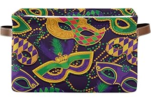 WAMIKA Mardi Gras Accessories Mask Beads Confetti Feather Storage Basket Fabric Laundry Baskets Fleur de Lis Purple Gold Green Storage Boxes Organizer Bag Cloth Toy Book Storage Cubes Shelf Bins 16×12×8