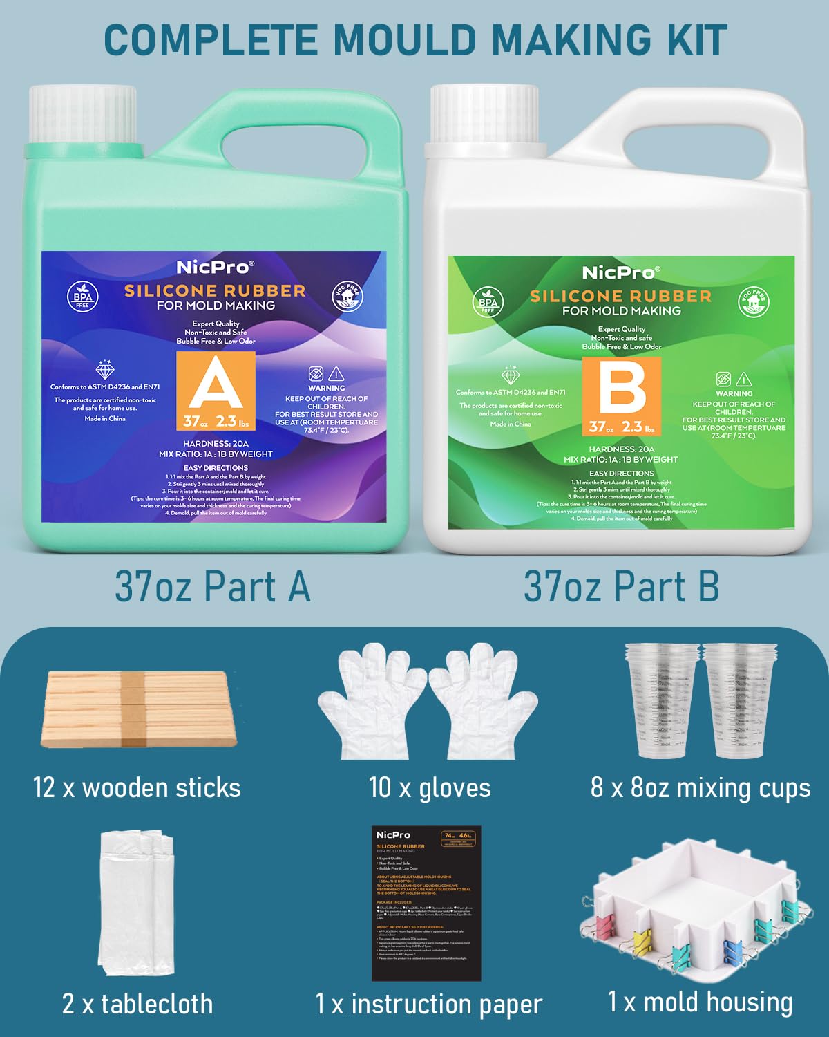 Nicpro 74oz Silicone Mold Making Kit, Liquid Silicone Rubber for Mold Making, Jade Green Flexible & Food Safe Silicone Mold Kit, Mix Ratio 1:1 Casting Silicone for Resin Molds with Mold Housing