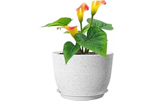 Meowell Plant Pots 12 inch, Plastic Planters with Drainage Holes and Saucers, Large Flower Pots for Indoor Outdoor Plants, Modern Decorative Pots for Garden House Plants, Speckled White