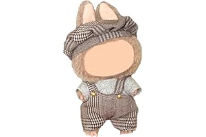 Pinefolk Clothes for labubu Dolls(Have a seat, Macaron, Energy). Clothes Accessories for labubu Clothes. Clothing for popmart Blind-Box, Dress up. (Plaid Overalls Set)