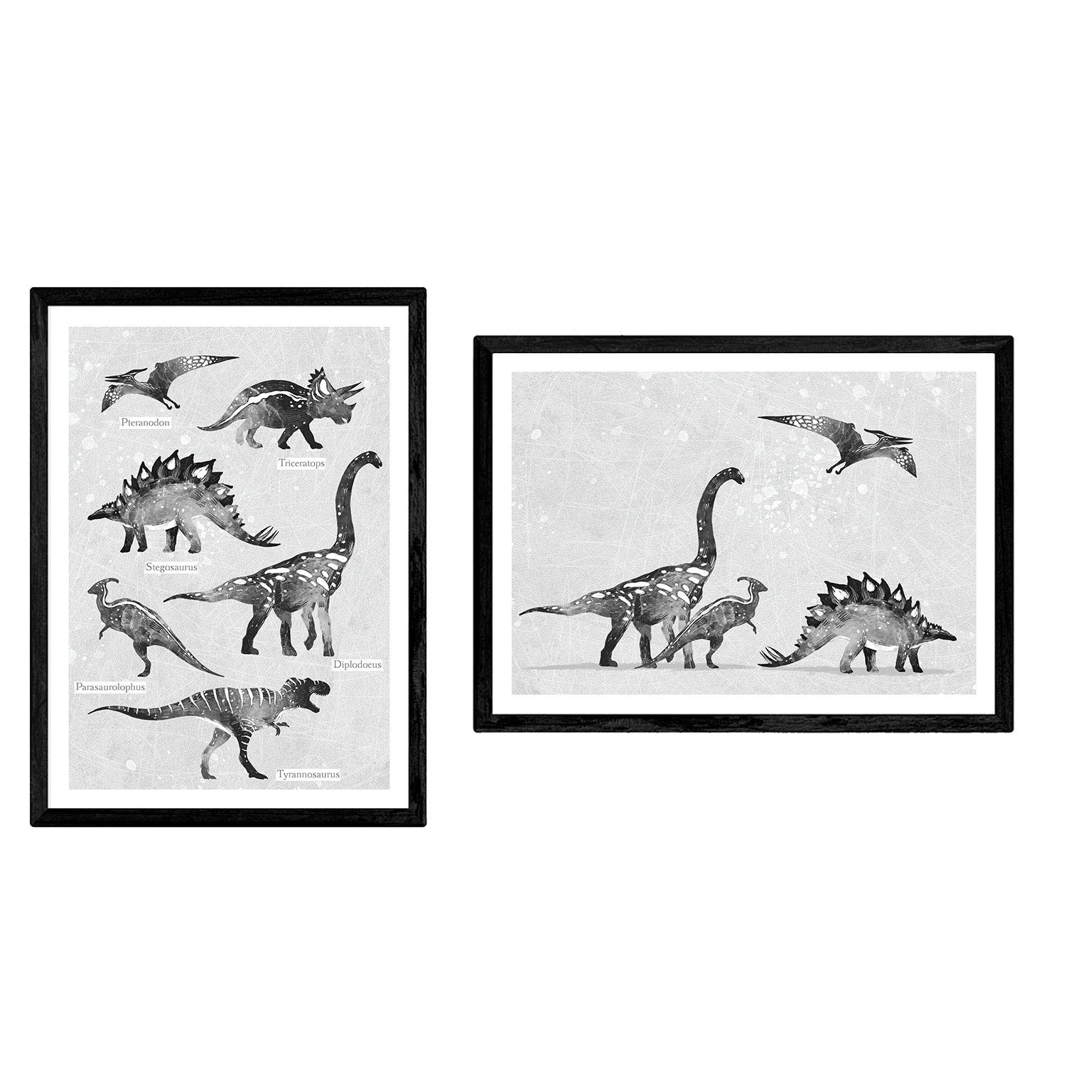 Nacnic Pack posters Dinosaur gray tones. Dinosaur films for children. A4 size