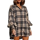 Plaid Flannel Shirts for Women - Oversized Long Sleeve Button Down Shirt Dresses Shacket Blouse Tops