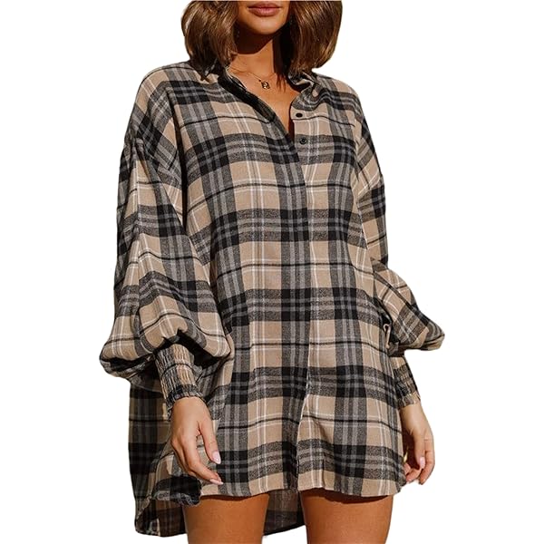 aihuajie Women's Plaid Dress Long Sleeve Button Down Casual Flannel Shirt  Dress Oversized Blouse Dresses (B1,S) at Amazon Women's Clothing store
