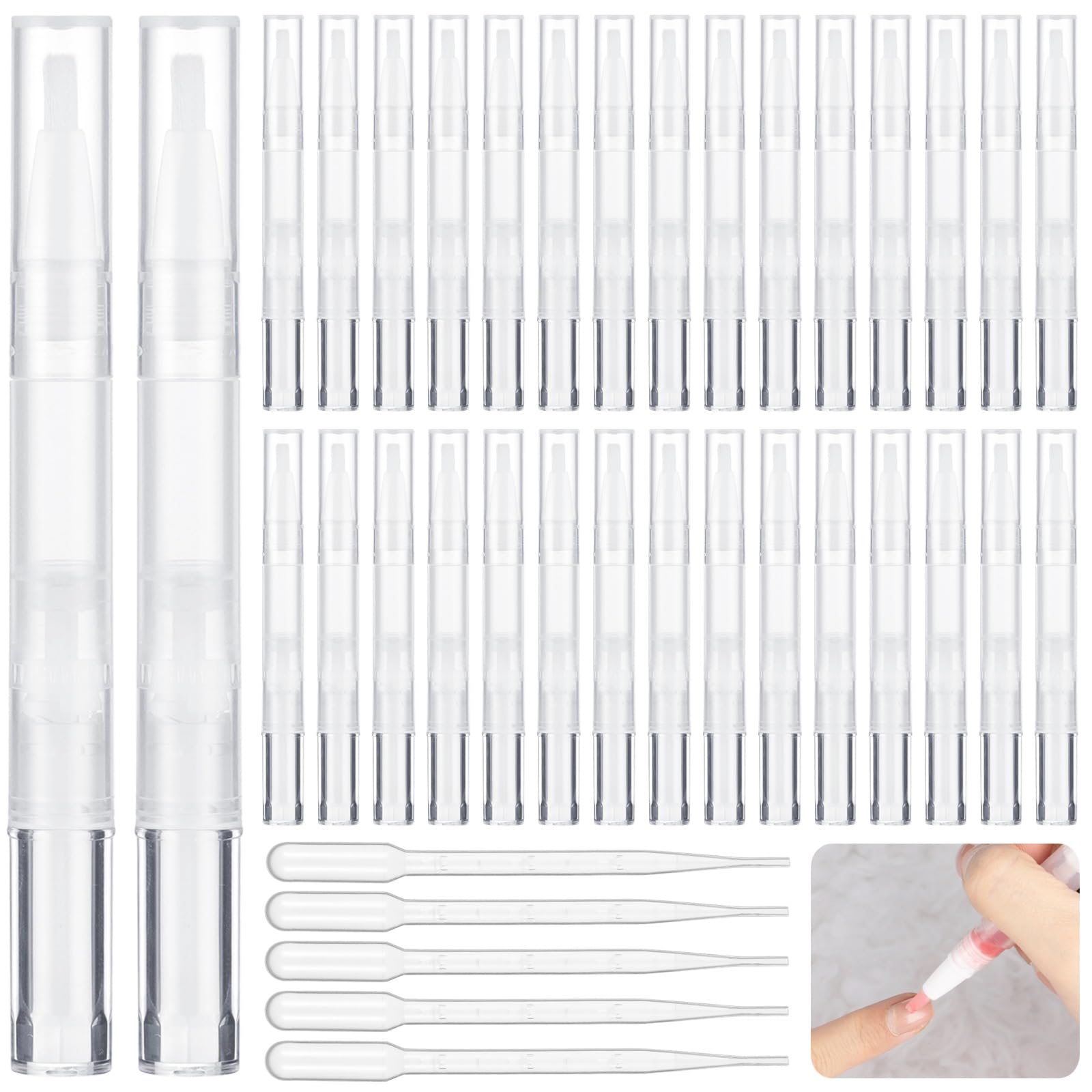 50 Pieces 3 ML Empty Cuticle Oil Pens with 5 Droppers, Transparent Twist Pens with Brush Tips, Empty Nail Oil Pens, Cosmetic Lip Gloss Containers, Eyelash Growth Liquid Tubes