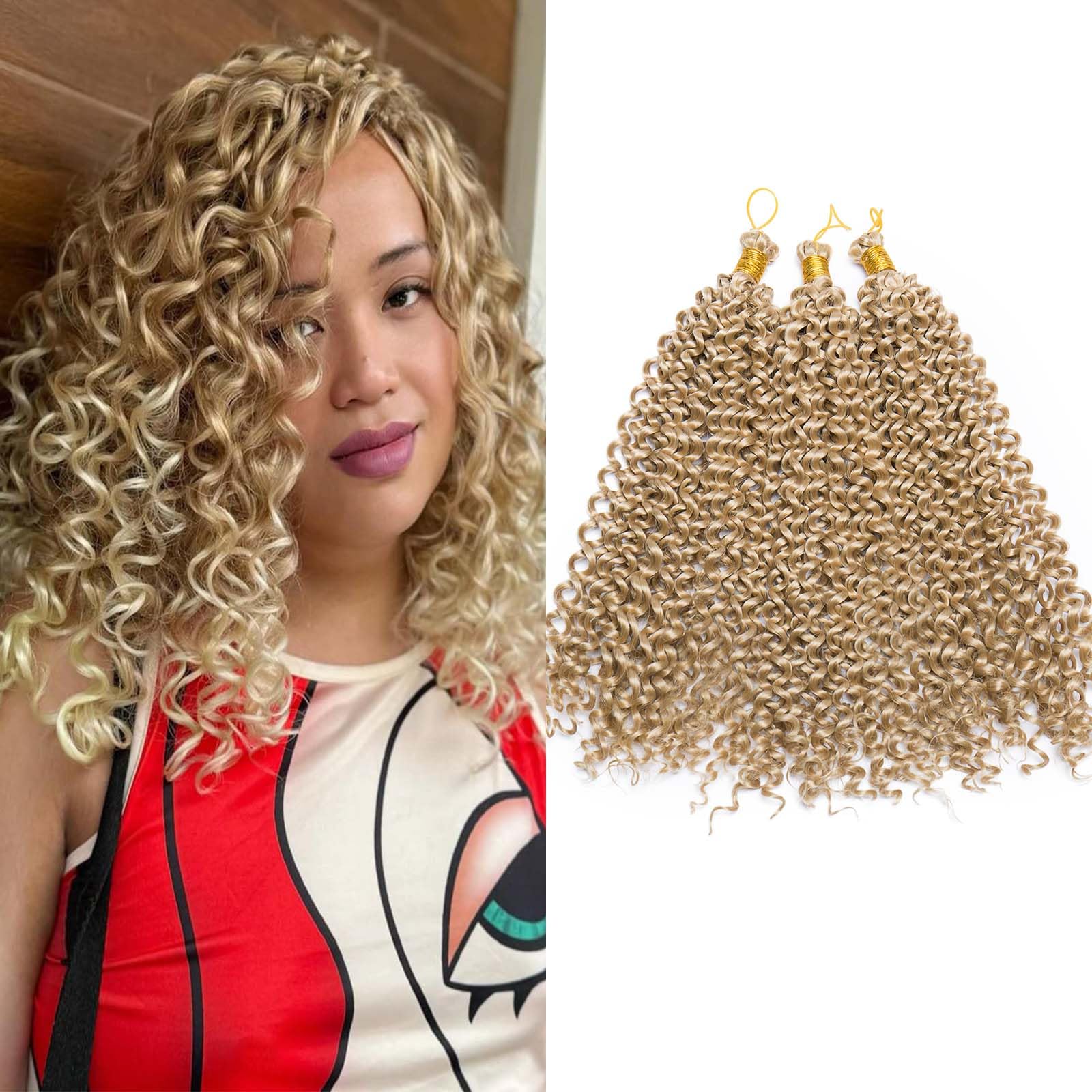 3 Bundles Marlybob Crochet Braids Hair Extensions Two-Tone Ombre Deep Wave Afro Kinky Jerry Curl Braiding Hairpiece Dreadlocks Weave for Women 14" - Honey Blonde