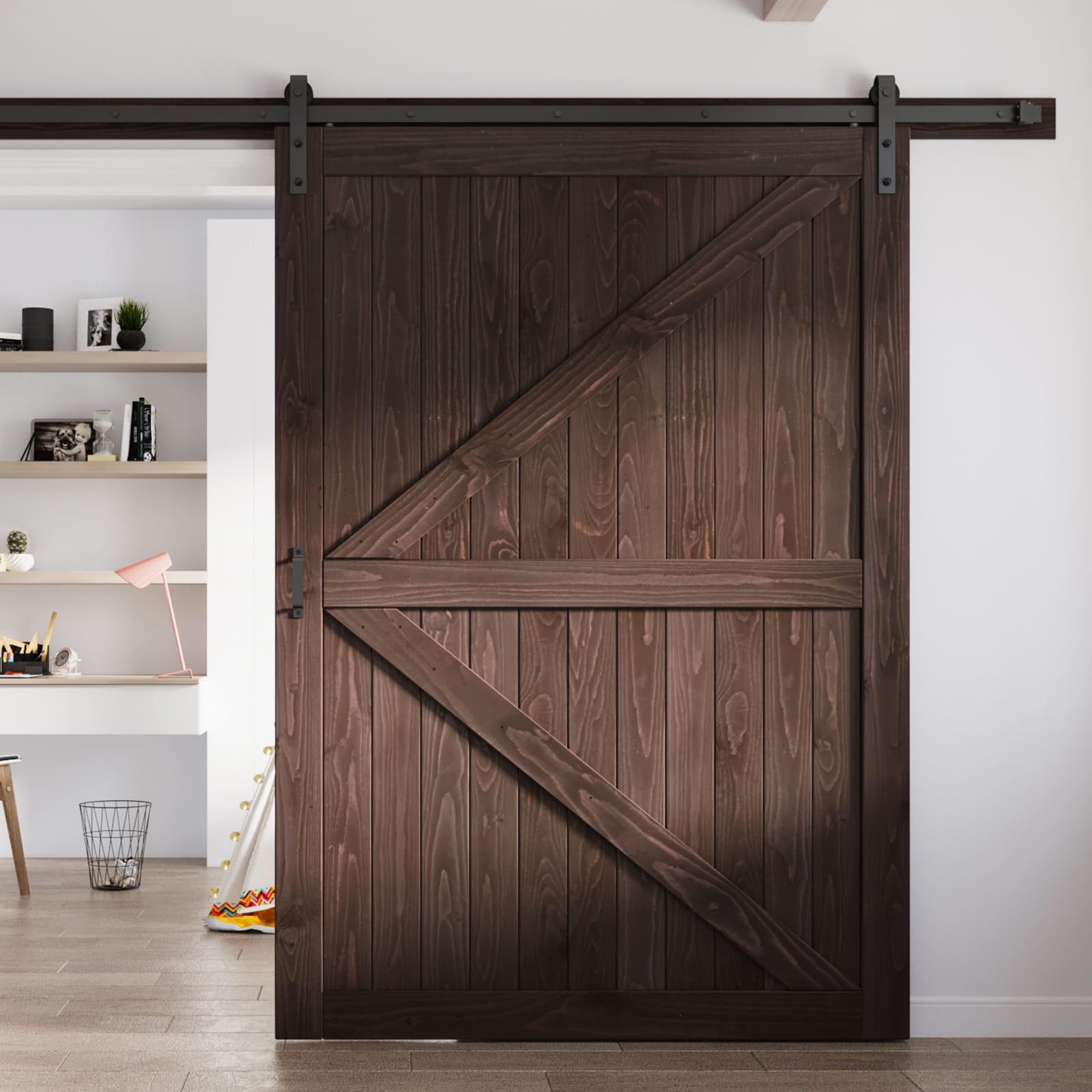Photo 1 of FREDBECK 60in x 84in Brown Barn Door with 10ft (120inch) Barn Door Hardware Track Kit Included, Double Surfaces,Simple Assembly is Required,K-Frame,Coffee