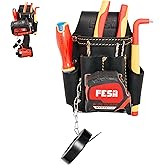 FESA Small Electrician's Tool Pouch - Leather 7-in-1 Small Tool Pouch with Steel Tape Measure or Drill Clip, Tape T-Chain &amp; 5 Pockets - Clip On Any Belt - Handcrafted