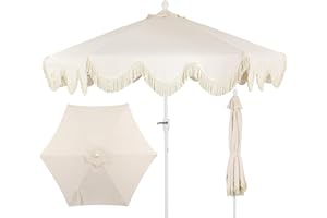 JONATHAN Y UMB1001 Collins 9 ft. Classic Cottage Tassel Market Patio Umbrella with Auto-Tilt, Crank, Wind Vent and UV Protection