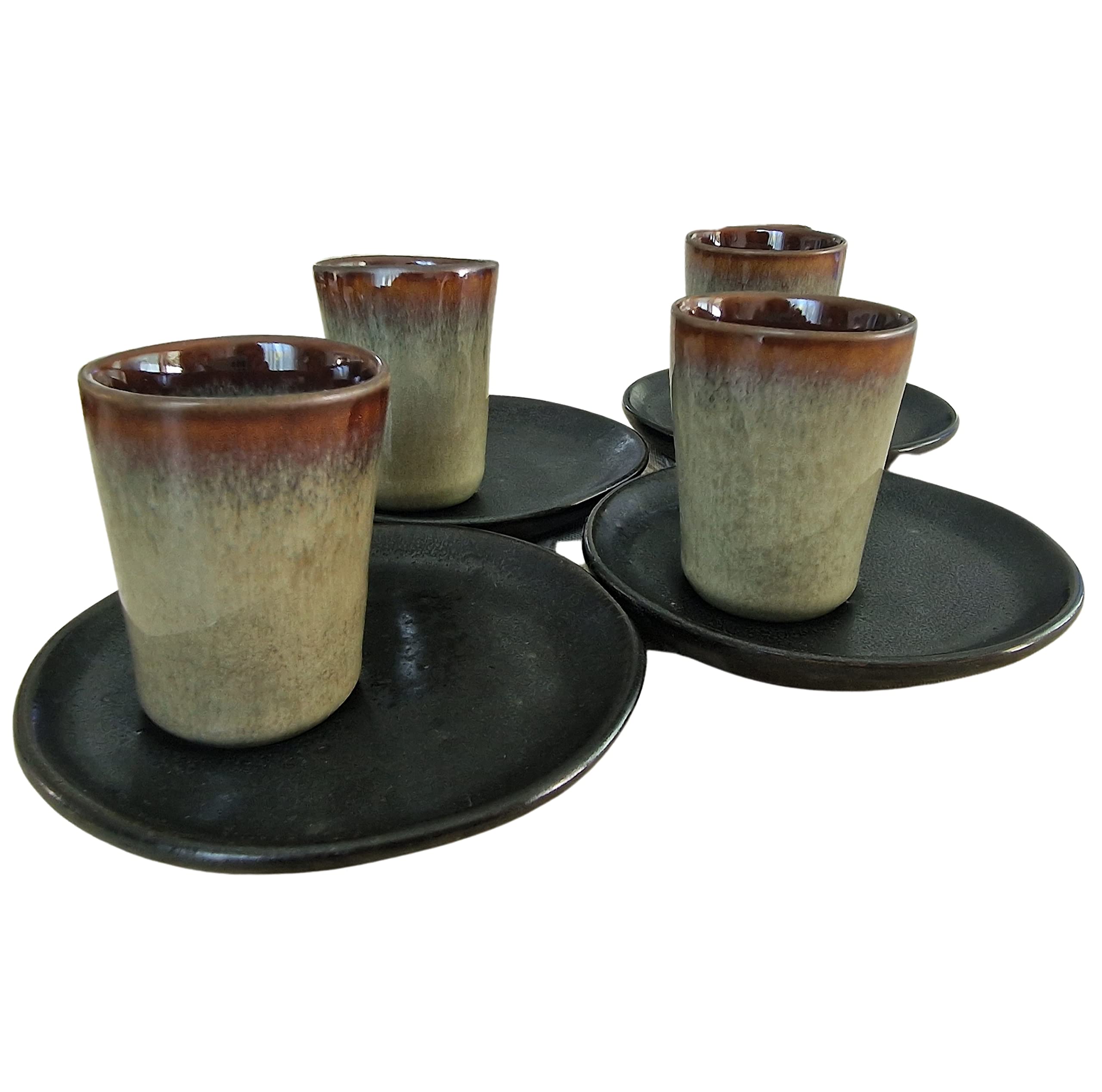 PintoCer - Set Espresso Coffee Cup 60ml Ceramic Gres, Stoneware, Handmade in Portugal, Small, Set of 4 Green Cup, 4 Black Plate.Microwave and Dishwasher Safe