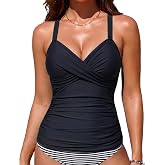 Hilor Women's Underwire Tankini Top Ruched Tummy Control Bathing Suit Tops Twist V Neck Swim Top Swimwear Only
