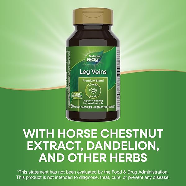 NATURE’S WAY LEG VEINS, SUPPORTS HEALTHY LEG VEIN STRENGTH*, 6-HERB BLEND, WITH HORSE CHESTNUT EXTRACT, DANDELION, GLUTEN FREE, 60 VEGAN CAPSULES (PACKAGING MAY VARY)