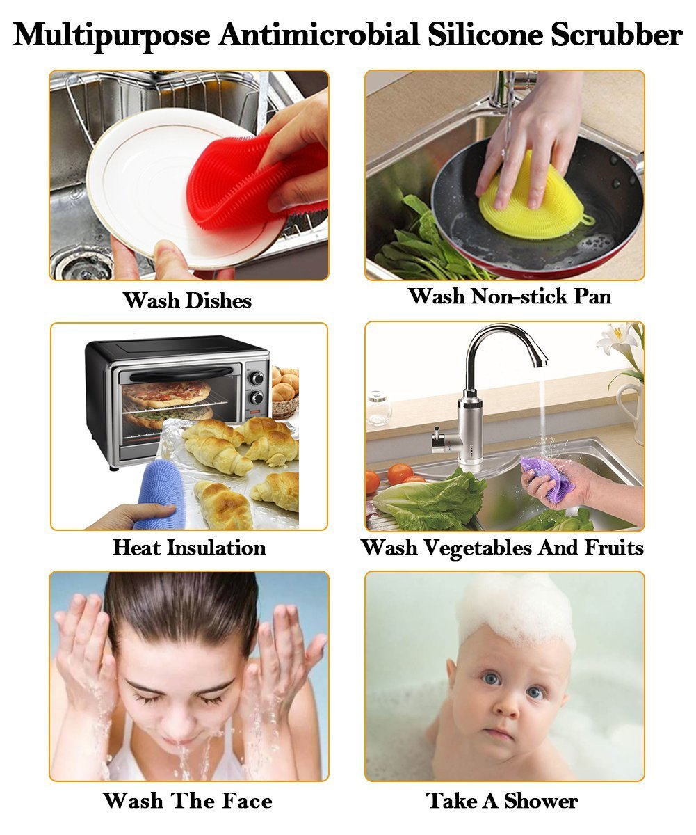 Silicone Sponge, WanJi Multipurpose Cleaning Brush: Scrubber Pad for Body&Face, Dish Washing Sponge for Glassware, Dinner Plates, Non-stick Pan, Fruit and Vegetables, Bonus 2 Dish Cloth Towel - Blue&G