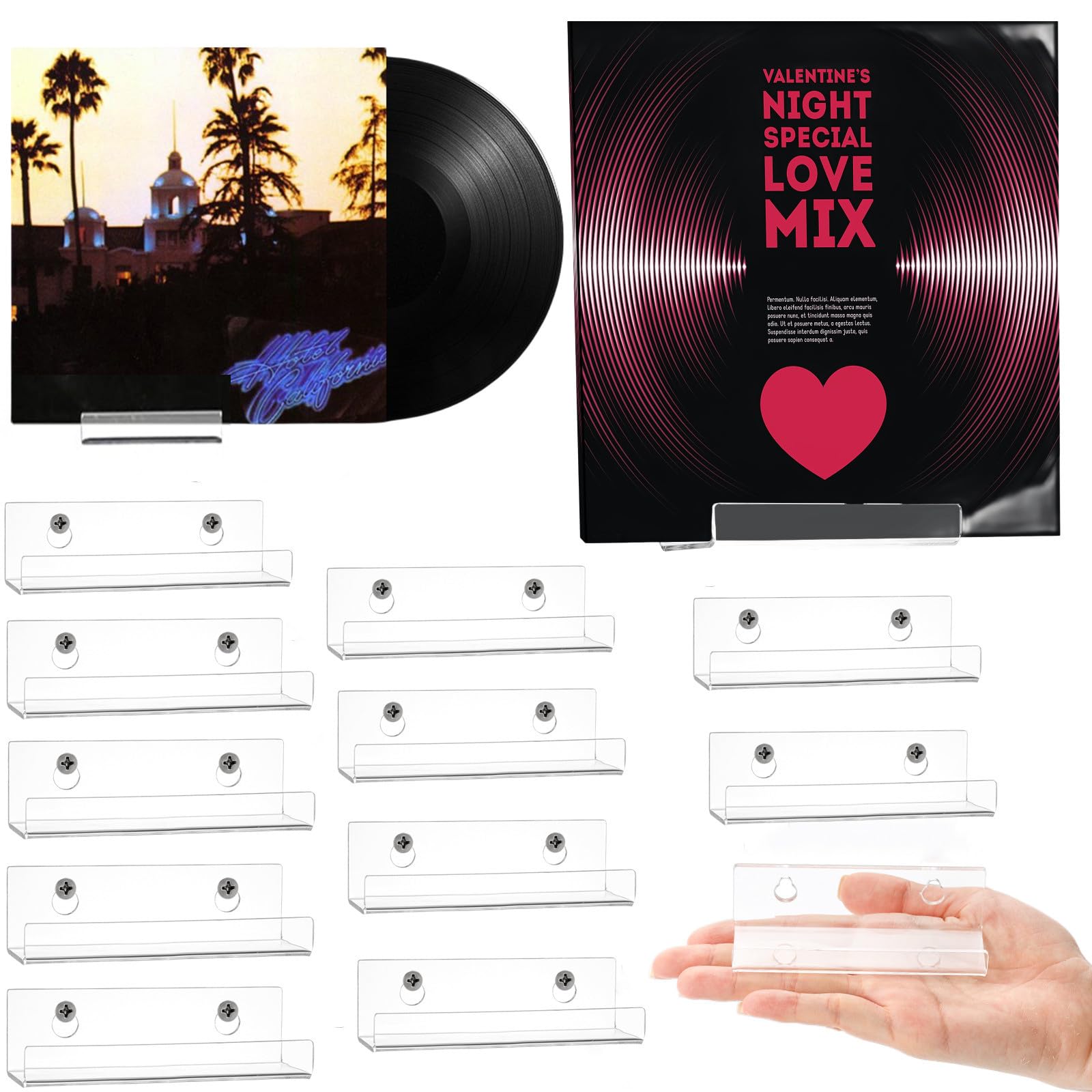 ZOOFOX 12 Pack Floating Shelves for Vinyl Record, 4'' Clear Acrylic Vinyl Wall Mount Stand with Installation Hardware, Record Shelf for Albums Record LP Display Rack for Storage in Home or Office