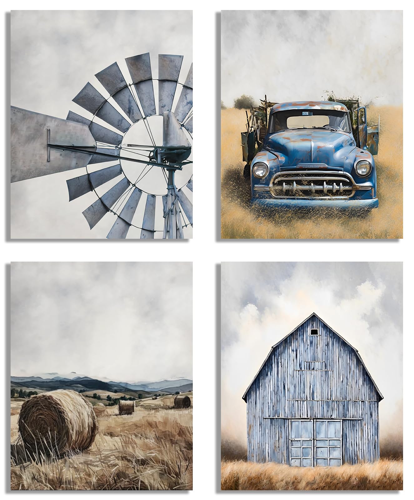 Photo 1 of NIIORTY 4 Set Rustic Farmhouse Wall Art, Vintage Windmill, Classic Blue Truck, Hay Bale Field, Blue Barn Canvas Prints, Western Country Home Decor, 8x10 Inch Unframed